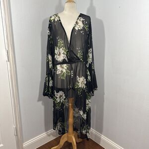 Ashley Stewart Blouse‎ Womens 22 24 V Neck Multi Floral Asym Bell Sleeve Fairy